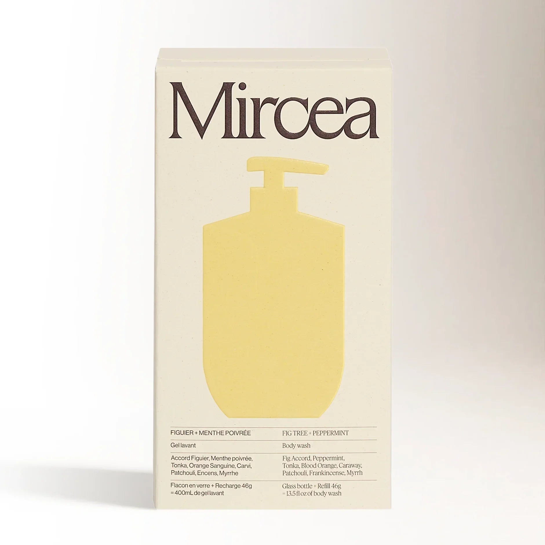 Mircea product packaging with a yellow silhouette on a beige background showcasing Figtree & Peppermint