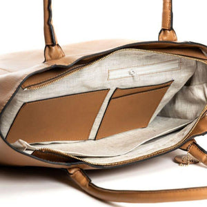 Tan Athena Tote Bag featuring a sustainable hemp interior lining