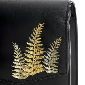 Green Hermitage vegan leather Hera Crossbody Bag close up of embroidered details