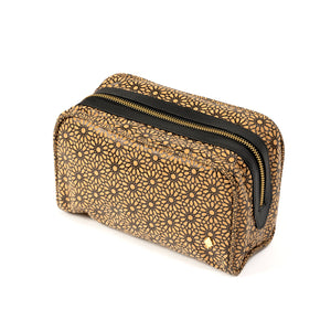 Cosmetic bag with geometric pattern and black zipper on a white background