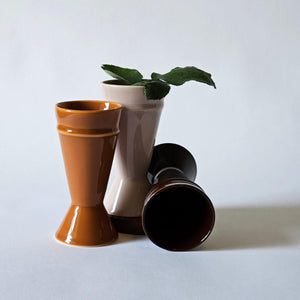 Caramel, Blush Pink and Chocolate Mazagran coffee cups made from upcycled stoneware on a white background