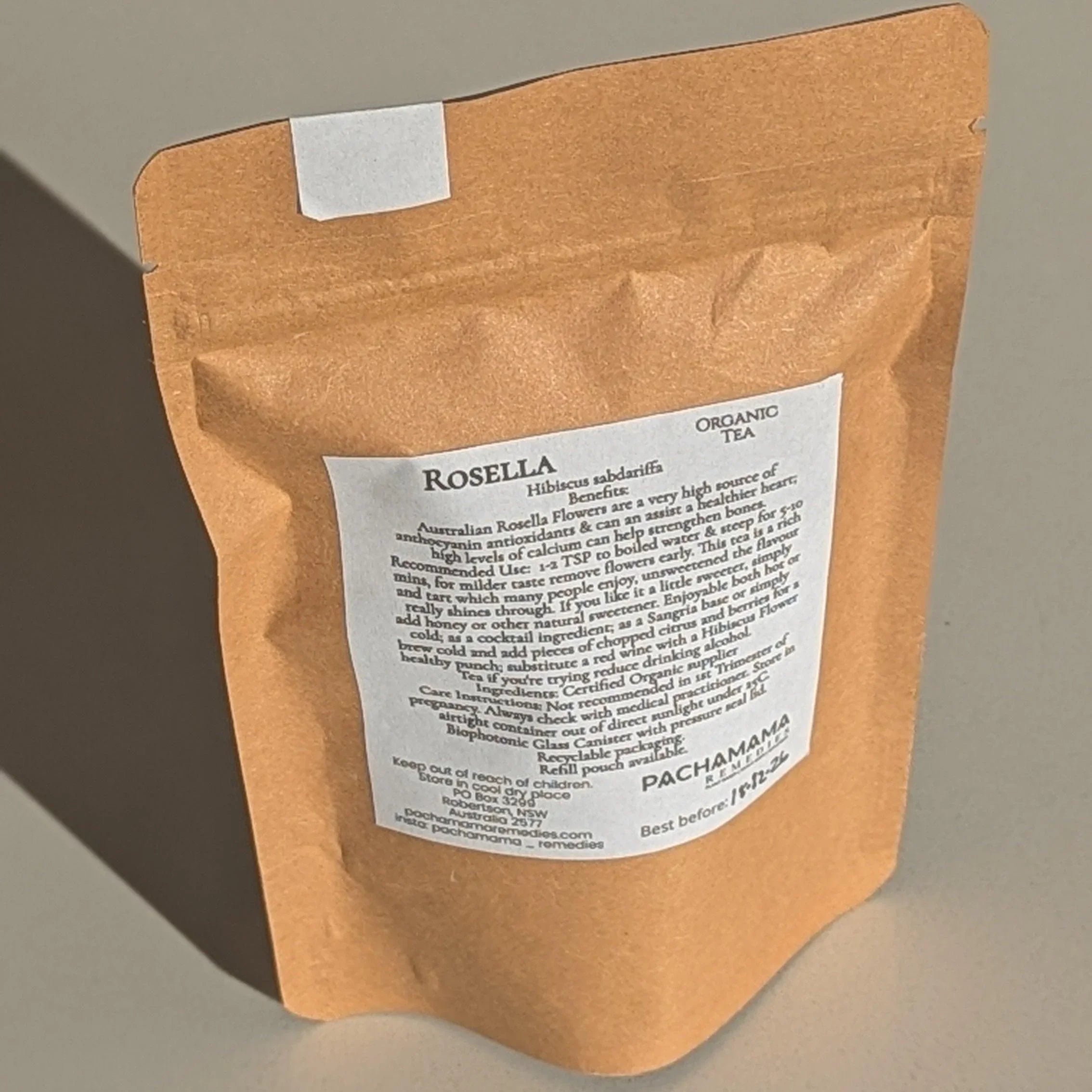 profile shot of a packet of rosella tea