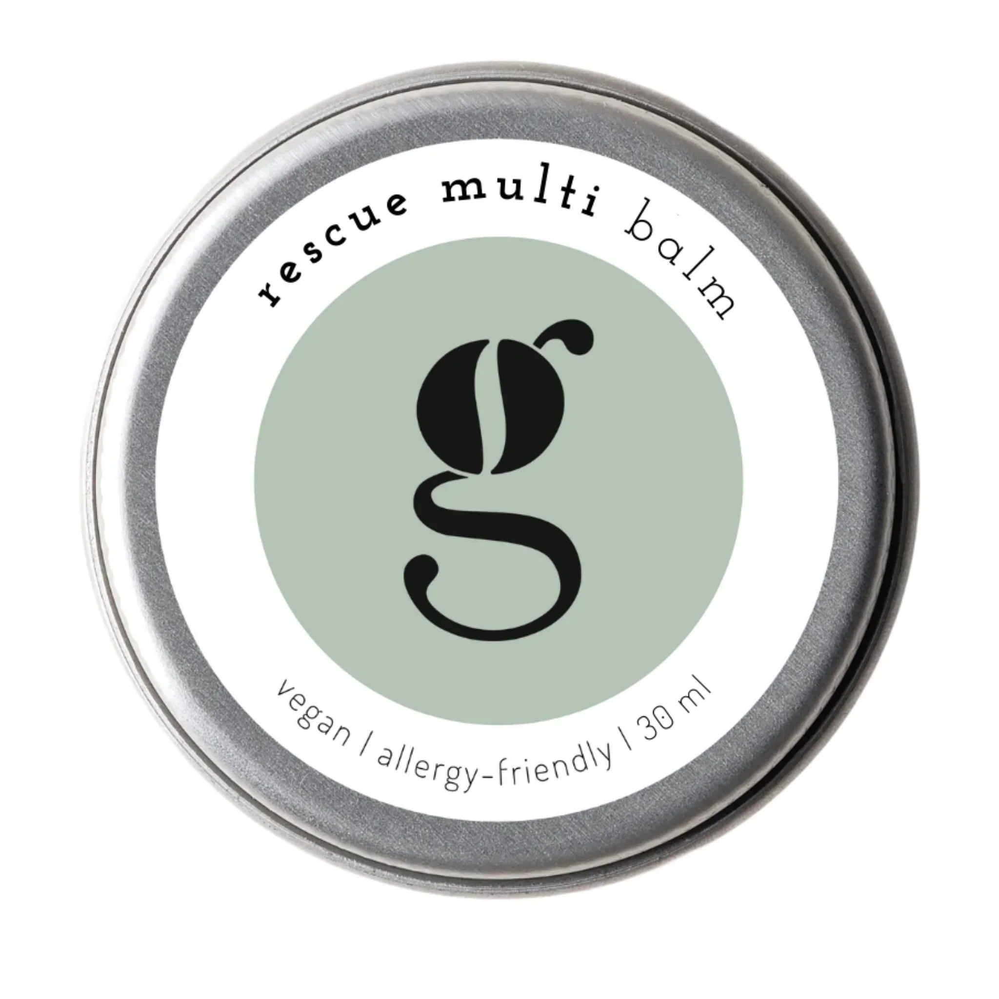 Tin of rescue multi balm with a green label on a white background