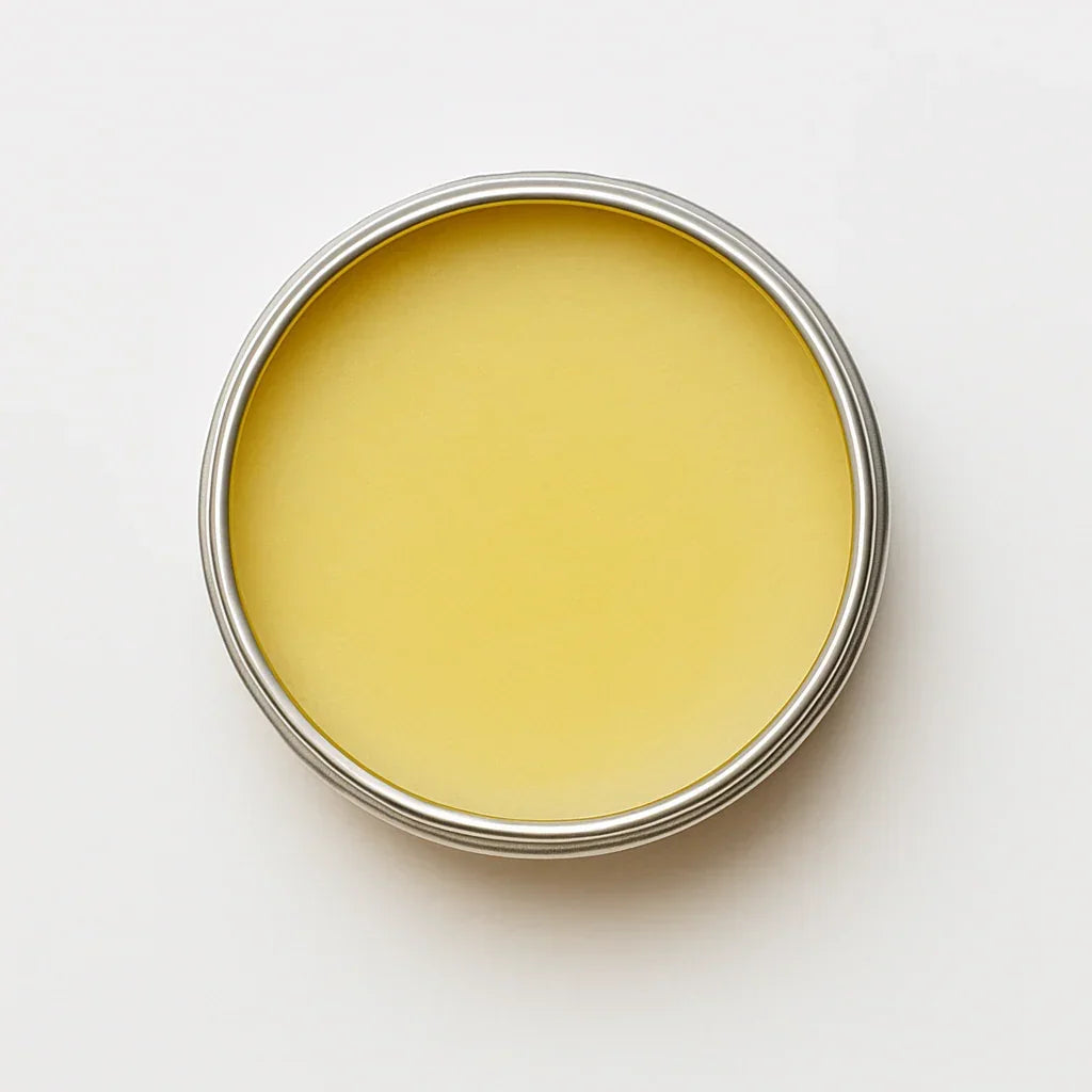 Metal container with yellow substance on a white background