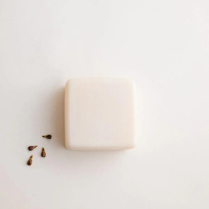 solid shampoo bar, square, made from waste products created from the wine harvest in Portugal shown with scattered grape seeds